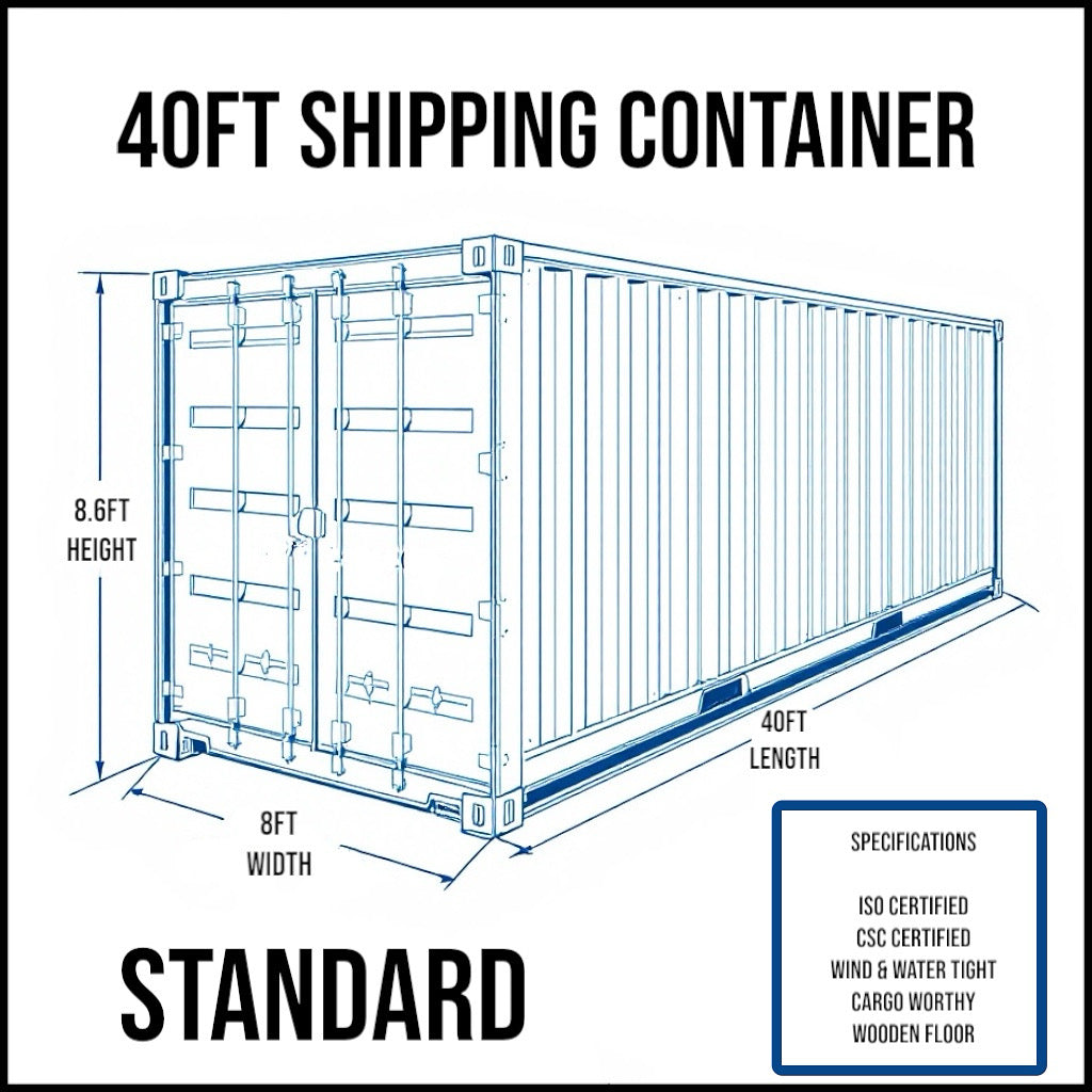40ft Standard x (8ft Wide) x (8ft 6in Tall)